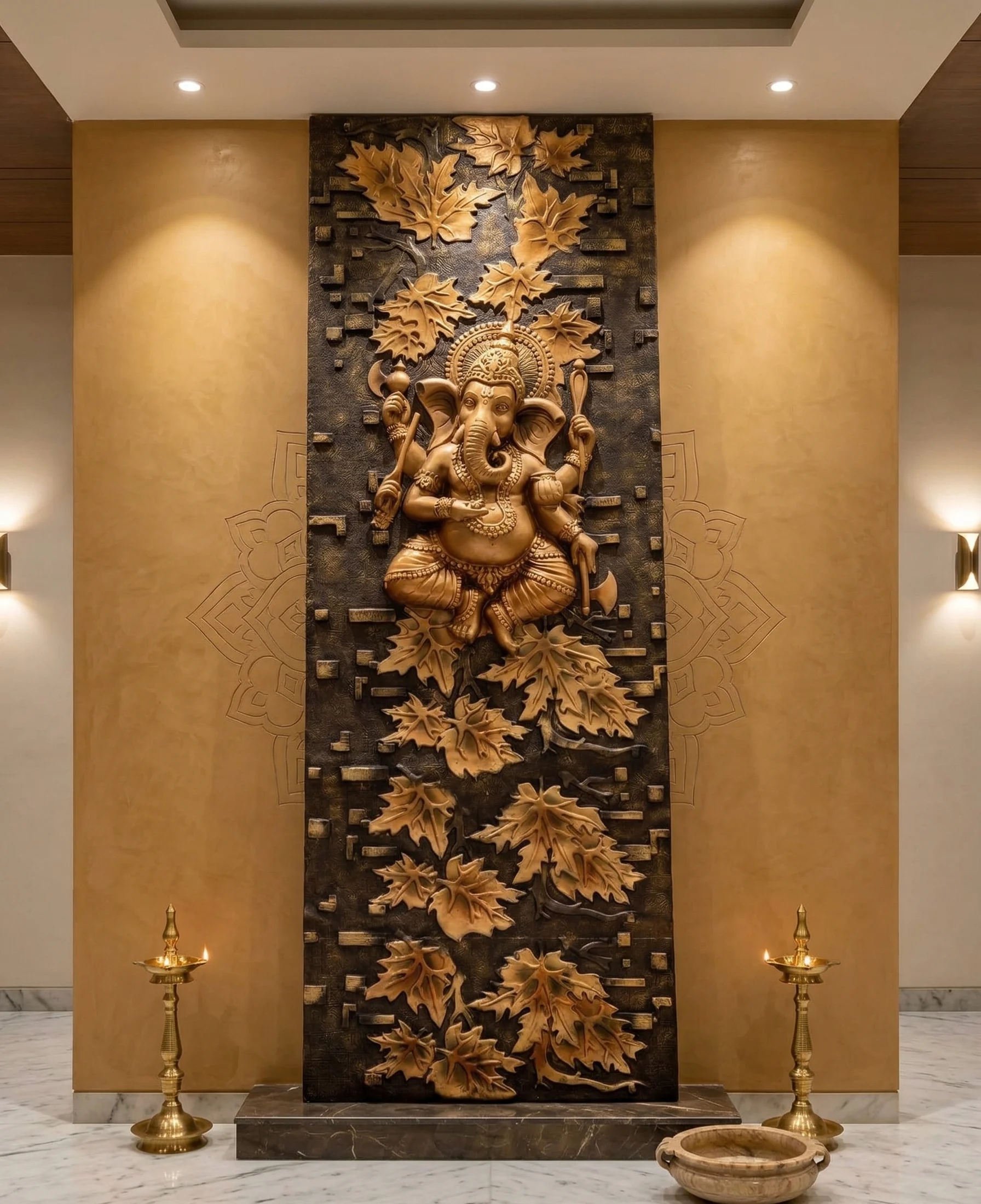Lord Ganesha With Leaves Wall Panel