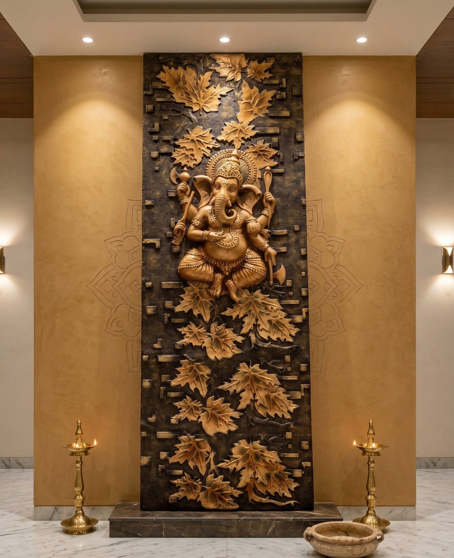 Lord Ganesha With Leaves Wall Panel