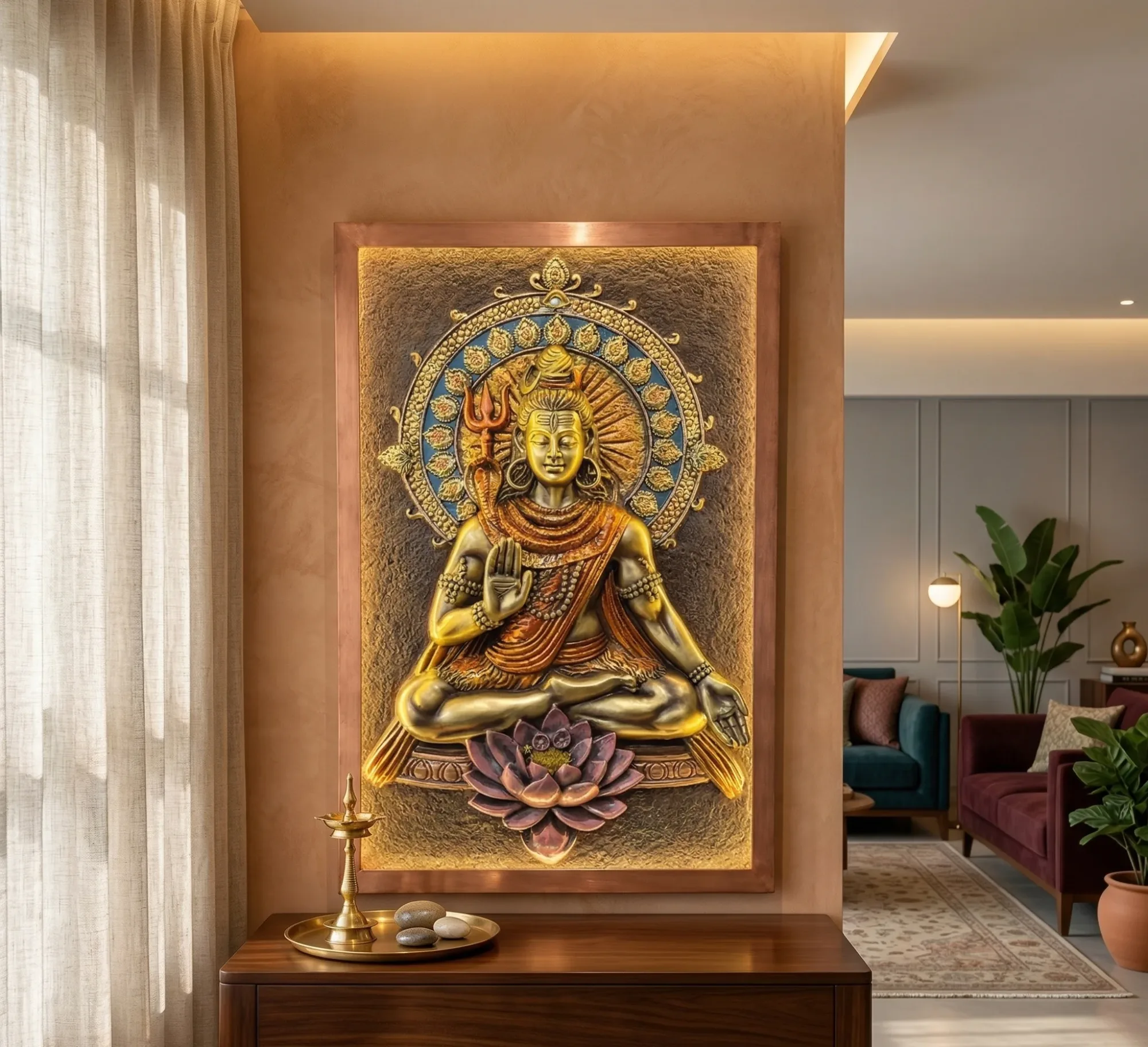 The Radiant Mahadev – 3D Illuminated Gold Relief Mural