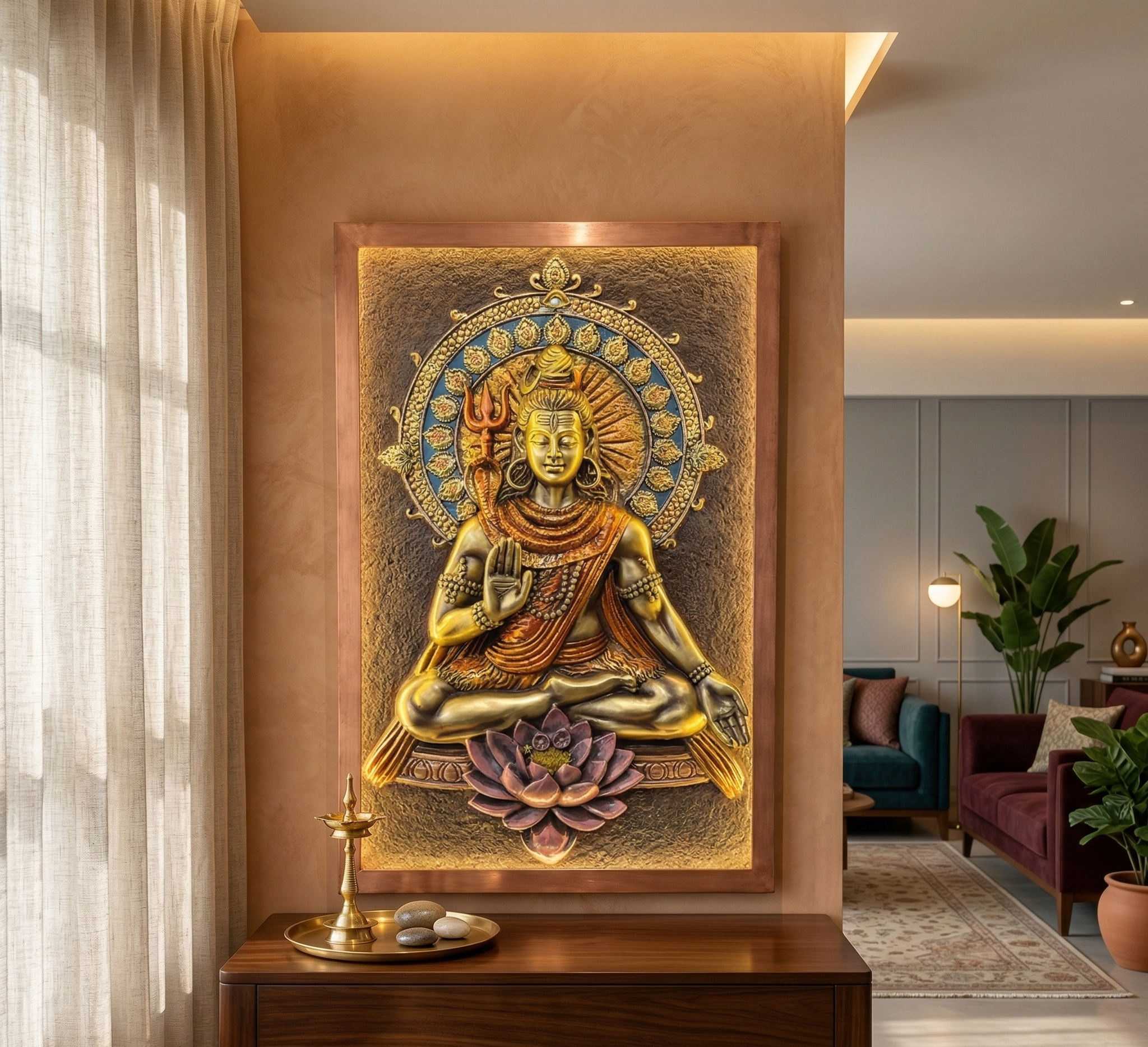 The Radiant Mahadev – 3D Illuminated Gold Relief Mural